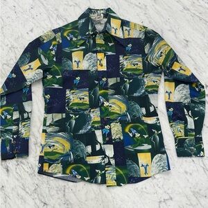 Disney Vintage 70s Kennington Disco Shirt Fantasia Mickey Wizard Medium FLAWLESS